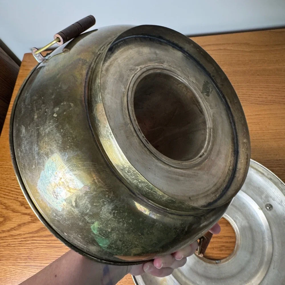 Vintage Tibetan Brass Hot Pot Stove Wooden Handles Fondue Soup‎ Warmer Steamer